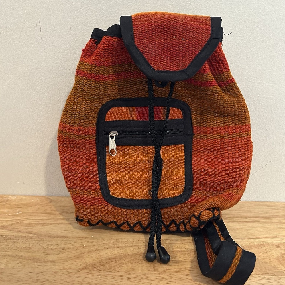 Handmade Woven Multicolor Orange‎ Boho Mini Backpack Artisan Shoulder Straps